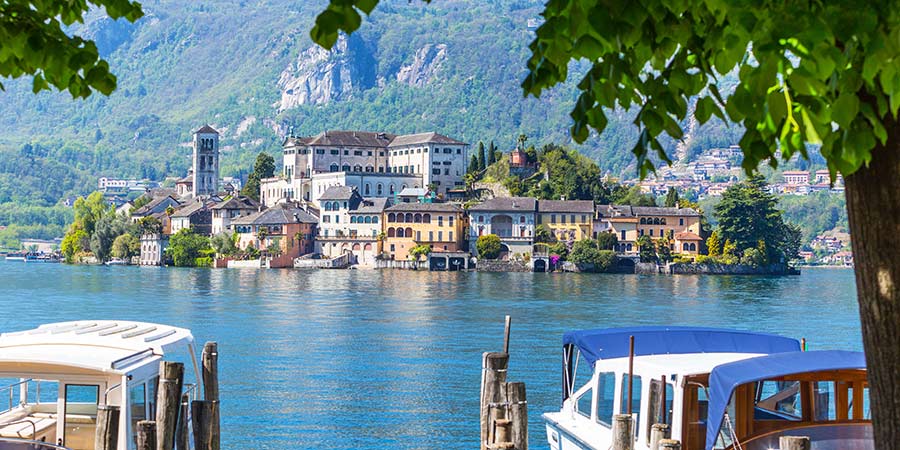 The Isola San Guilio is surrounded by the clear water of Lake Orta. 